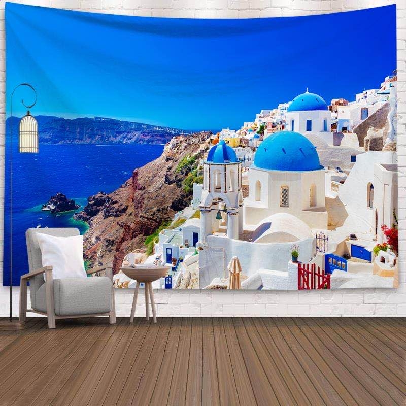 Aesthetic Tapestry - Santorini Yunanistan Manzara Goblen Mavi Kubbe