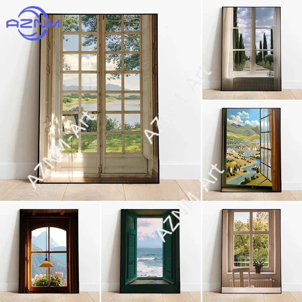 Home Decor Japandi - Yeşil Manzaralar Windows Duvar Sanatı Posteri