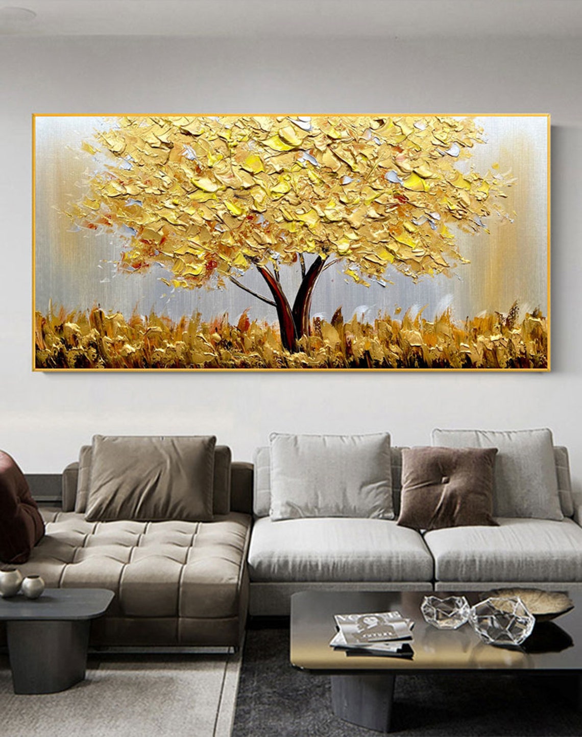 Home Decor Tree - Tuval Üzerinde Çiçek Açan Altın Ağaç