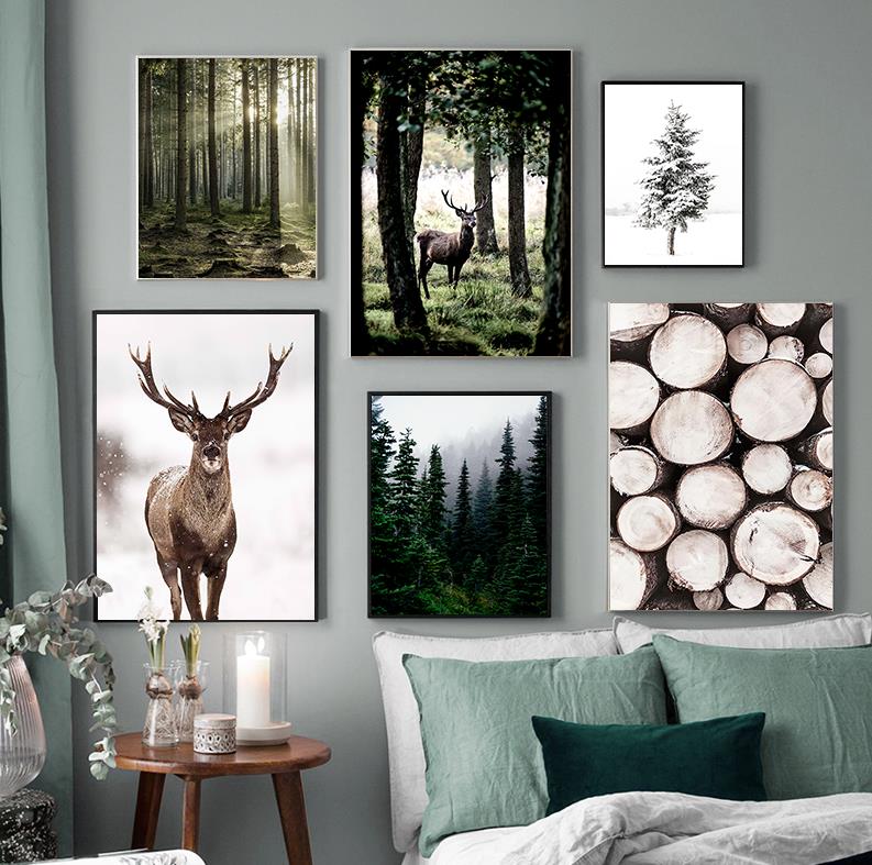 Home Decor Japandi - Kış kar orman geyik baykuş güneş